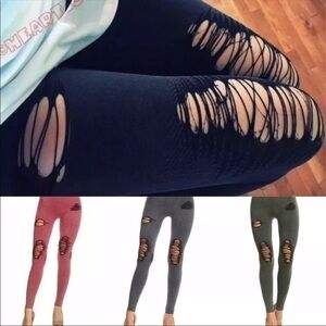 Ripped Distressed Denim Print Stretch Leggings